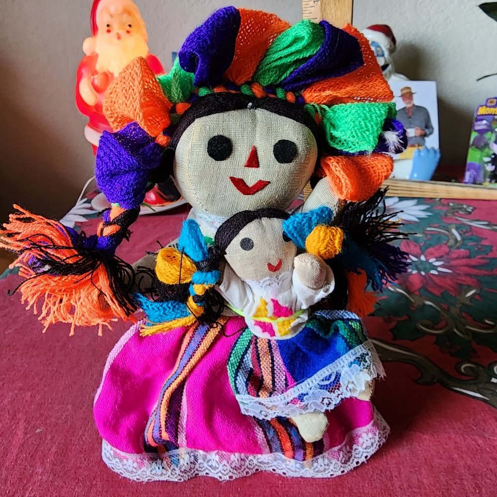 Vintage Mexican Maria Lele Rag Doll With Baby and Braided Hair Folk Art 70s